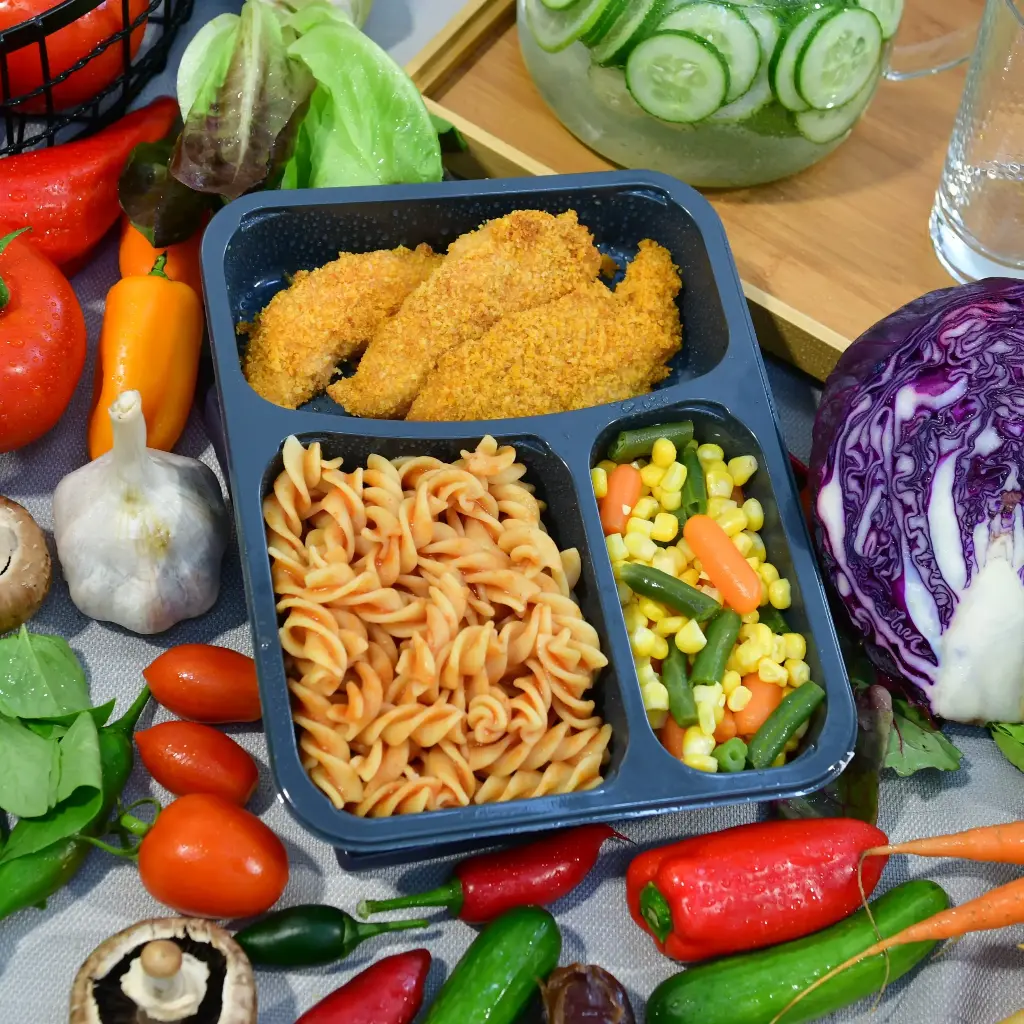 שניצל, פסטה ברוטב עגבניות ולקט ירקות