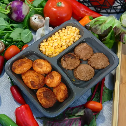 [kk061] מיני בורגר טבעוני, תפו"א אפוי וגרעיני תירס